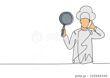 Continuous one line drawing chef with call me gesture, holding pan and wearing cooking uniforms is ready to cook meals for guests at restaurants. Single line draw design vector graphic illustration 103688389