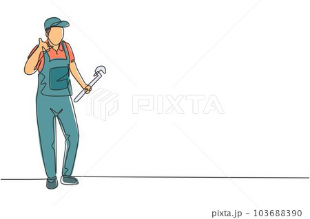 Single one line drawing plumber stands with call me gesture and holding carpentry tool fixing broken plumbing at home. Success business. Modern continuous line draw design graphic vector illustration 103688390