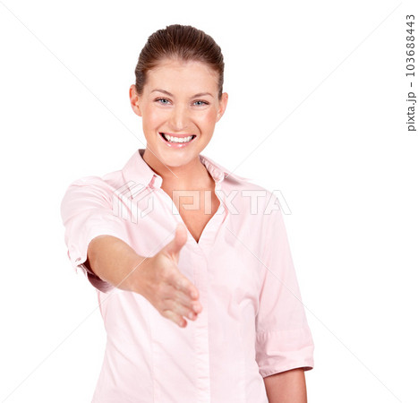 Portrait, happy woman and meeting for handshake in studio, isolated white background and deal. Female model stretching for shaking hands, welcome and thank you for introduction, support and agreement Portrait, happy woman and meeting for handshake in studio, isolated white background and deal. Female model stretching for shaking hands, welcome and thank you for introduction, support and agreement 103688443