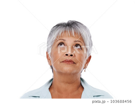 Isolated, senior woman and thinking on question or looking up, mental health and studio white background. Elderly lady face, dreaming and concerned for future, retirement or idea, curious and mockup Isolated, senior woman and thinking on question or looking up, mental health and studio white background. Elderly lady face, dreaming and concerned for future, retirement or idea, curious and mockup 103688456