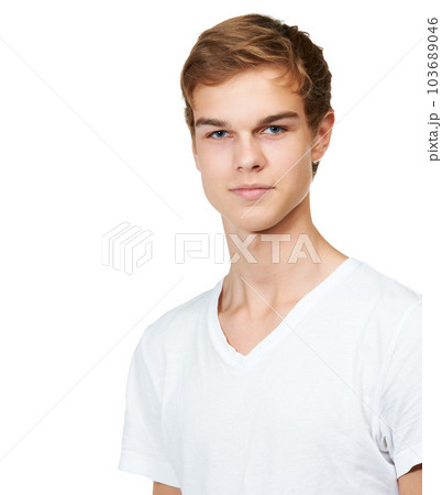Fashion, style and portrait of man in studio with confidence, attractive and pride on white background. Youth, confident and face of isolated handsome young male person with trendy casual clothes 103689046
