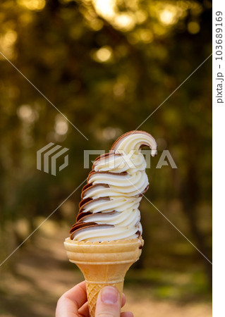 Female hand holding delicious american vanilla chocolate ice cream. Tasty homemade icecream Gelato in the waffle cone. Gluten free vegan dairy free 103689169