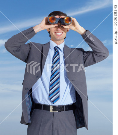 Binoculars, opportunity and search for business man with blue sky, smile and investigation. Executive, job and searching for outdoor businessman with investigate gear and future vision ready for work Binoculars, opportunity and search for business man with blue sky, smile and investigation. Executive, job and searching for outdoor businessman with investigate gear and future vision ready for work 103689248