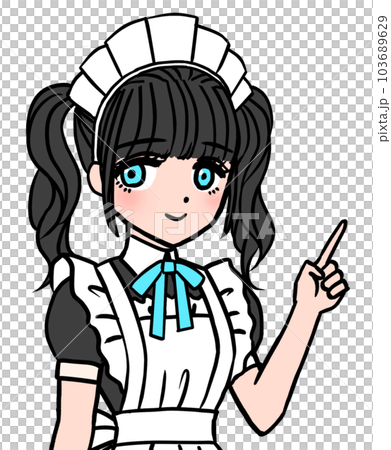 Dark-haired maid with blue breast ribbon teaching by pointing 103689629