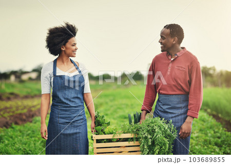 We get to enjoy healthy, tasty food fresh from our garden. a young farm couple carrying a crate of fresh produce. We get to enjoy healthy, tasty food fresh from our garden. a young farm couple carrying a crate of fresh produce. 103689855