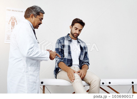 Healthcare, doctor and patient with knee pain in consultation for expert advice, information and discussion. Medicine, health care and Indian man in doctors office consulting medical professional. Healthcare, doctor and patient with knee pain in consultation for expert advice, information and discussion. Medicine, health care and Indian man in doctors office consulting medical professional. 103690017