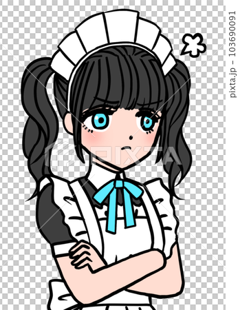 Dark-haired maid with blue chest ribbon crossing her arms angrily Dark-haired maid with blue chest ribbon crossing her arms angrily 103690091