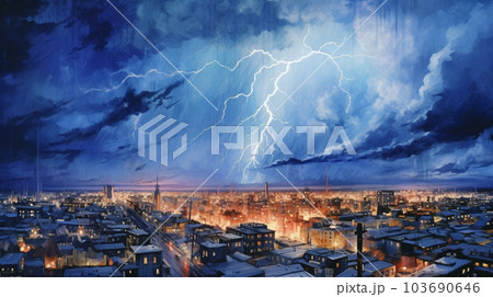 夜の落雷の水彩画