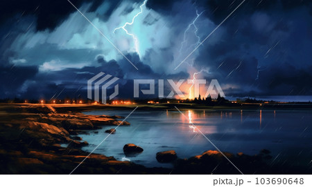 夜の落雷の水彩画