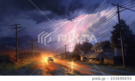 夜の落雷の水彩画