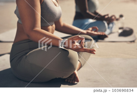 Get in on the ohm. two young women meditating during their yoga routine on the beach. 103690834