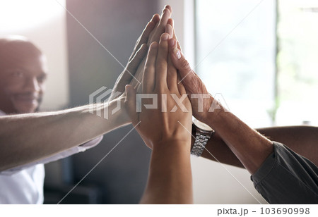 Group, business people and high five for motivation with teamwork, synergy or diversity at insurance agency. Businessman, hands and goal with happiness for team building, solidarity and collaboration Group, business people and high five for motivation with teamwork, synergy or diversity at insurance agency. Businessman, hands and goal with happiness for team building, solidarity and collaboration 103690998