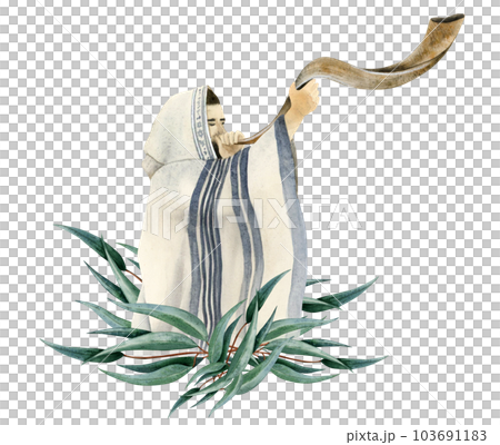 Yom Kippur shofar blowing by Jewish man in talit on Rosh Hashanah holidays with eucalyptus branches watercolor illustration isolated on white background. Feast of Trumpets celebration 103691183