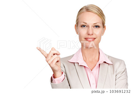 Portrait, pointing and woman with mockup, business and entrepreneur isolated against white studio background. Face, female person or consultant with hand gesture, decision or opportunity with choices Portrait, pointing and woman with mockup, business and entrepreneur isolated against white studio background. Face, female person or consultant with hand gesture, decision or opportunity with choices 103691232