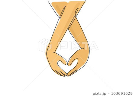 Continuous one line drawing bride and groom holding hands making love shape. Bride and groom make vow of loyalty on their wedding day. Marriage concept. Single line design vector graphic illustration 103691629