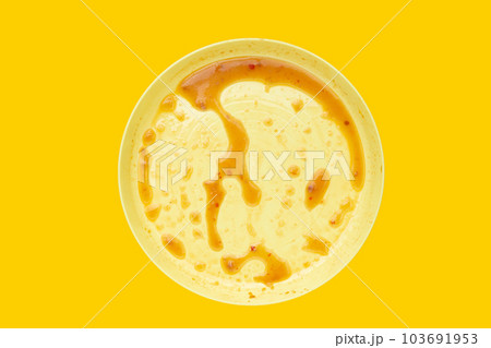 Dirty dish on yellow background. Top view Dirty dish on yellow background. Top view 103691953