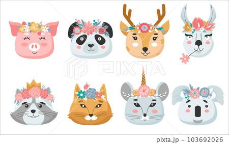 Animal heads in flower crowns set. Cute vector illustration for children design, poster, birthday greeting cards. 103692026