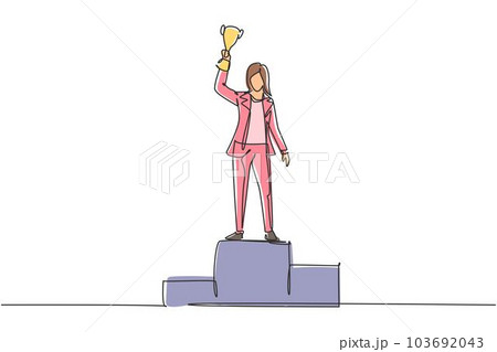 Single continuous line drawing young businesswoman wearing blazer lifting golden trophy with one hand on podium. Celebrating business performance. One line draw graphic design vector illustration Single continuous line drawing young businesswoman wearing blazer lifting golden trophy with one hand on podium. Celebrating business performance. One line draw graphic design vector illustration 103692043