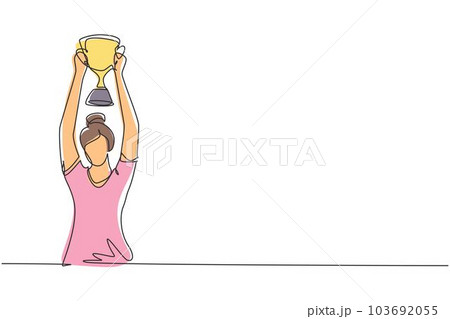 Single continuous line drawing female athlete wearing sports jersey lifting gold trophy with both hands. Celebrating victory of national competition. One line draw graphic design vector illustration Single continuous line drawing female athlete wearing sports jersey lifting gold trophy with both hands. Celebrating victory of national competition. One line draw graphic design vector illustration 103692055