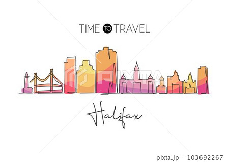 Continuous one line drawing Halifax city skyline, Nova Scotia Canada. Beautiful landmark. World landscape tourism travel wall decor poster print. Stylish single line draw design vector illustration 103692267