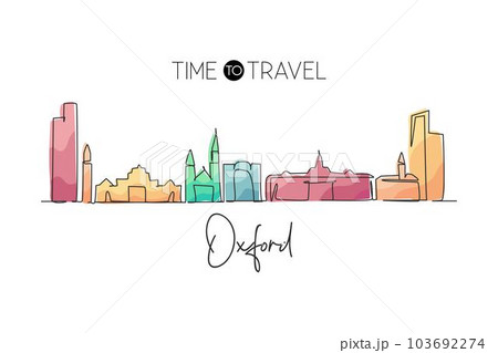 Single continuous line drawing Oxford skyline, Ohio. Famous city scraper landscape gallery. World travel home wall decor art poster print concept. Modern one line draw design vector illustration 103692274