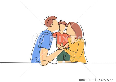 Continuous one line drawing parents kissing their little boy on his cheeks. Adorable child with an innocent expression. National children's day. Single line draw design vector graphic illustration Continuous one line drawing parents kissing their little boy on his cheeks. Adorable child with an innocent expression. National children's day. Single line draw design vector graphic illustration 103692377