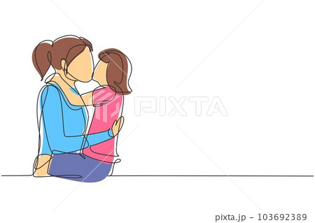 Single continuous line drawing sweet little girl is hugging and kissing her beautiful mom in cheek while sitting on bed at home. Mothers day. Dynamic one line draw graphic design vector illustration Single continuous line drawing sweet little girl is hugging and kissing her beautiful mom in cheek while sitting on bed at home. Mothers day. Dynamic one line draw graphic design vector illustration 103692389