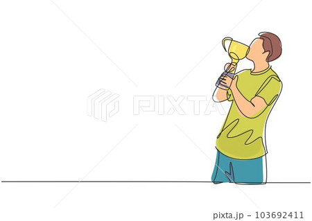 Continuous one line drawing young male athlete wearing jersey kissing trophy after winning world sports competition. A proud and unforgettable moment of victory. Single line draw design vector graphic Continuous one line drawing young male athlete wearing jersey kissing trophy after winning world sports competition. A proud and unforgettable moment of victory. Single line draw design vector graphic 103692411