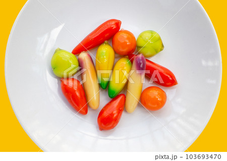 Fruit shaped of mung beans dessert (Kanom Look Choup). Thai Dessert Fruit shaped of mung beans dessert (Kanom Look Choup). Thai Dessert 103693470