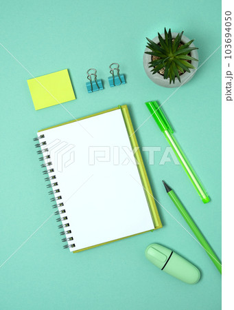 Open notebook with space for your text with green pen, pencil and marker Open notebook with space for your text with green pen, pencil and marker 103694050