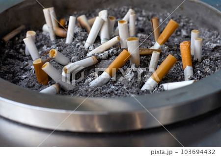 Cigarettes and ash on dirty sand in trash tray Cigarettes and ash on dirty sand in trash tray 103694432