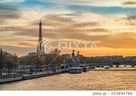 Paris France, sunset city skyline at Seine River with Pont Alexandre III bridge and Eiffel Tower 103694766