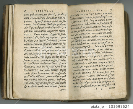Weathered old journal in Latin. An antique book with its pages on display. Weathered old journal in Latin. An antique book with its pages on display. 103695624