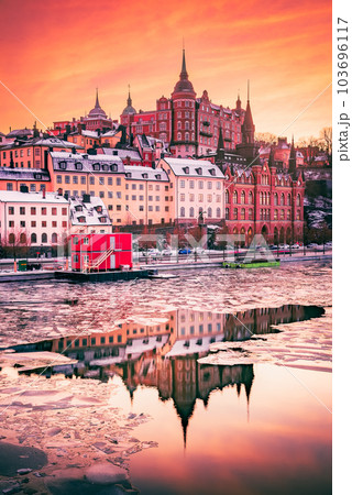 Stockholm, Sweden. Sunset with Mariaberget downtown, frozen Lake Malaren Stockholm, Sweden. Sunset with Mariaberget downtown, frozen Lake Malaren 103696117