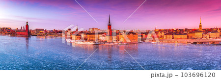 Stockholm, Sweden. Sunset over Gamla Stan and frozen Lake Malaren Stockholm, Sweden. Sunset over Gamla Stan and frozen Lake Malaren 103696120