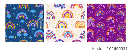 Seamless pattern rainbow. Cute cartoon baby print, kids rainbows background, cloud and stars element, repeating decoration print. Trendy fabric textile. Vector set Seamless pattern rainbow. Cute cartoon baby print, kids rainbows background, cloud and stars element, repeating decoration print. Trendy fabric textile. Vector set 103696331