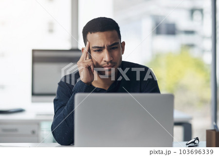 Employee, confused or man with a laptop, tired or doubt with internet connection, glitch or error. Male person, professional or entrepreneur with fatigue, pc or frustration with burnout or exhaustion 103696339