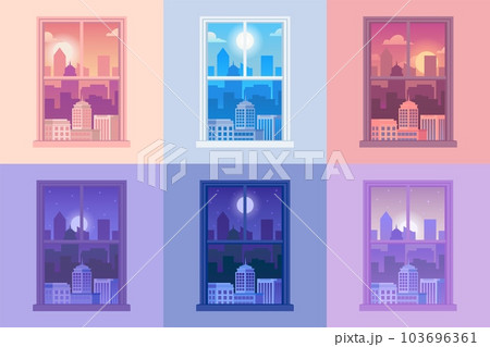 Window day night views. Windows outside view sunny day, night and morning time, frame with city, evening background with town building with sun and moon. Vector illustration 103696361