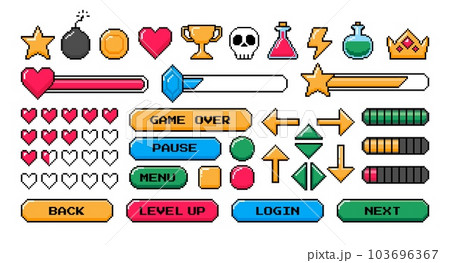 Pixel game icon. Retro video games element, arcade UI button, digital console 8-bit interface, pixels heart, bomb, star, menu buttons controller item. Vector set Pixel game icon. Retro video games element, arcade UI button, digital console 8-bit interface, pixels heart, bomb, star, menu buttons controller item. Vector set 103696367