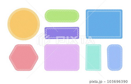 Cloth patches with stitches. Different color fabric badge, textile label with sew seams. Patchwork. Canvas shapes on white background. Vector set 103696390
