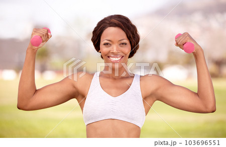 Weightlifting, fitness and portrait of black woman in park for exercise, body builder training and workout. Sports, muscle and happy female athlete flex for wellness, healthy lifestyle and strength Weightlifting, fitness and portrait of black woman in park for exercise, body builder training and workout. Sports, muscle and happy female athlete flex for wellness, healthy lifestyle and strength 103696551