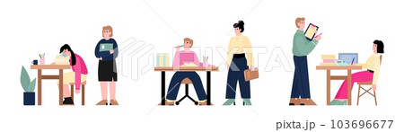 Bored office characters, tired, dreaming or lazy employees, sleeping on work. Bored office characters, tired, dreaming or lazy employees, sleeping on work. 103696677