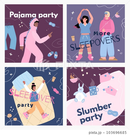 Slumber and sleepover party, pajama party invitations flat vector illustration. 103696685