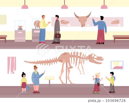 Interior paleontology museum with visitors of exhibition skeleton fossil animals 103696726