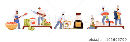 Professional sushi chefs making sushi and rolls, abstract flat vector illustration isolated on white background. 103696790