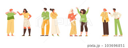 Quarreling hostile aggressive couples of spouses or friends flat vector isolated. Quarreling hostile aggressive couples of spouses or friends flat vector isolated. 103696851