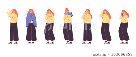 Cold and flu symptoms with female character flat vector illustration isolated. Cold and flu symptoms with female character flat vector illustration isolated. 103696855