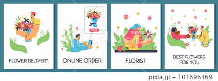 Flower delivery advertising posters set, flat vector illustration. 103696869