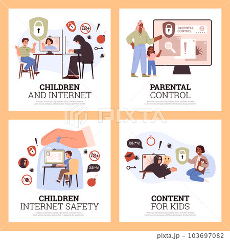 Set of squared banners about children internet safety flat style Set of squared banners about children internet safety flat style 103697082