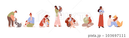 Set of people hugging dogs and cats, adults and children flat style 103697111